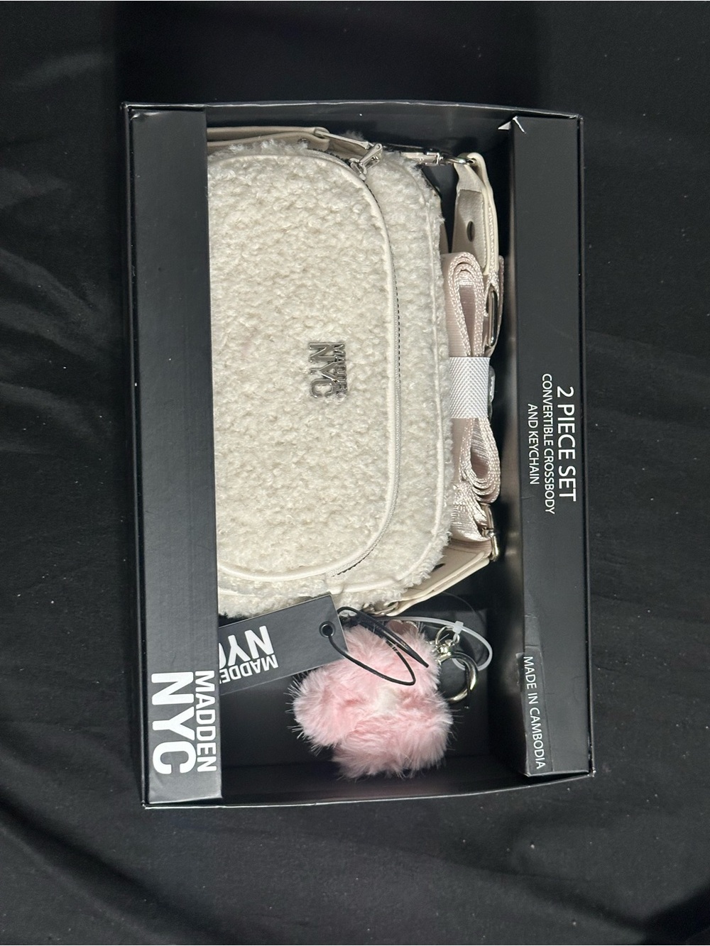 Madden NYC Women's Cream Faux-Sherpa Crossbody Bag with Pom Keychain